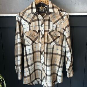 Vintage Sears Tan Cream Brown Plaid Snap Pearl‎ Button Front Western top Medium
